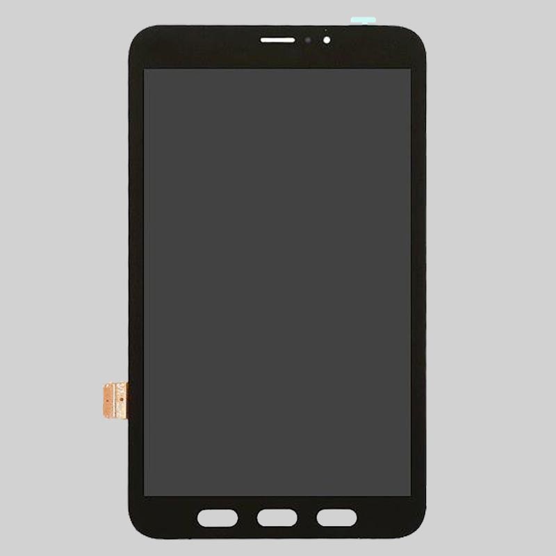 The Cirrus-link Touch screen for Samsung Galaxy Tab Active 2 (SM-T390/T395Y) LCD Assembly, in black, features three button cutouts and a left-side flex cable connector—perfect for screen replacements. Displayed against a light gray background.