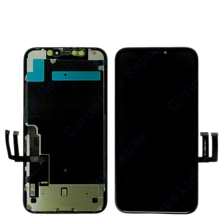 Two display assemblies are shown: the left reveals internal parts of the Cirrus-link Screen Replacement - iPhone 11 LCD Screen & Digitizer Assembly, while the right displays a blank screen.