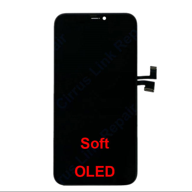 The Cirrus-link Screen Replacement - iPhone 11 LCD Pro Screen & Digitizer Assembly is designed for iPhone 11 Pro and features an LCD display with digitizer, plus two connector flex cables on the right.