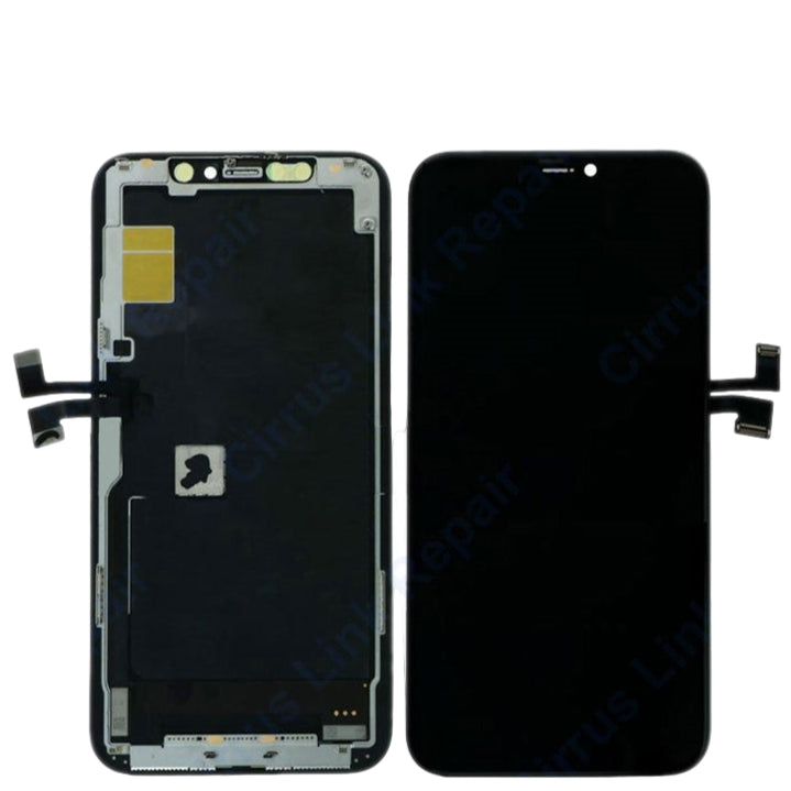 Front and back view of the Cirrus-link Screen Replacement - iPhone 11 Pro LCD & Digitizer Assembly, with connectors on the side—ideal for accurate iPhone 11 Pro screen repairs.