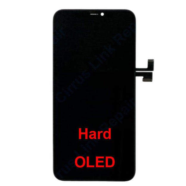 The Cirrus-link Screen Replacement for iPhone 11 Pro Max features an LCD screen & digitizer assembly, with a connector on the right and "Hard OLED" highlighted in red for easy repair identification.