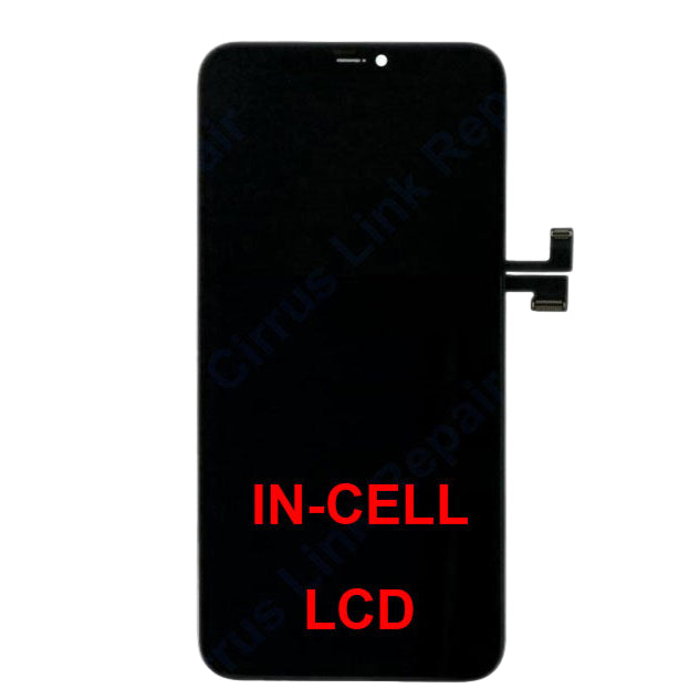 The Cirrus-link Screen Replacement - iPhone 11 Pro Max LCD Screen & Digitizer Assembly is a black IN-CELL LCD part with a visible right-side connector, perfect for repairing your device or replacing the OLED digitizer.
