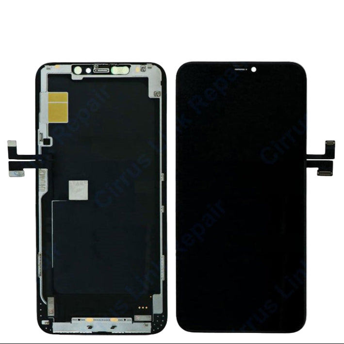 Two Cirrus-link Screen Replacement - iPhone 11 Pro Max LCD Screen & Digitizer Assemblies are shown front and back, displaying connectors and internals—perfect for repairs or replacing your iPhone 11 Pro Max display.