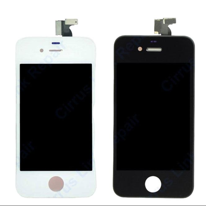 Two Cirrus-link Screen Replacement - iPhone 4 LCD Screen & Digitizer Assembly units, one white and one black, appear side by side with top connectors—perfect for replacing or repairing your iPhone 4 screen.