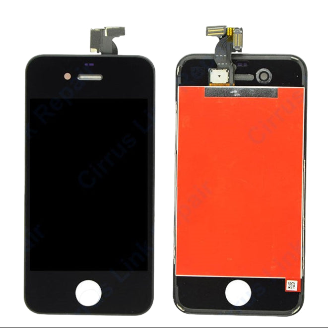 Two Cirrus-link Screen Replacement - iPhone 4 LCD Screen & Digitizer Assemblies are displayed: the left image shows the black front, while the right reveals internal connectors and a red film for full iPhone 4 repair.