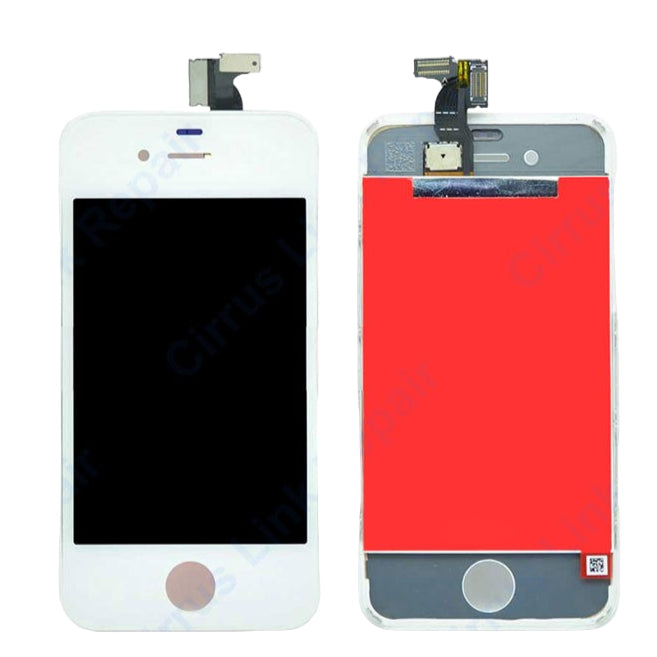 Two views of the Cirrus-link Screen Replacement - iPhone 4 LCD Screen & Digitizer Assembly: front with a black display, back with a red backing and connectors.