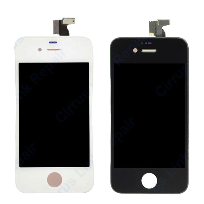 Two Cirrus-link Screen Replacement - iPhone 4S LCD Screen & Digitizer Assemblies, one white and one black, are displayed side by side—perfect for repairing or swapping your iPhone 4S screen.