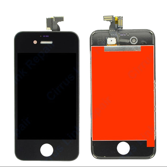 Two Cirrus-link Screen Replacement - iPhone 4S LCD Screen & Digitizer Assembly parts are displayed: one shows the front, the other reveals the back with connectors and a red film—perfect for iPhone 4S repairs.