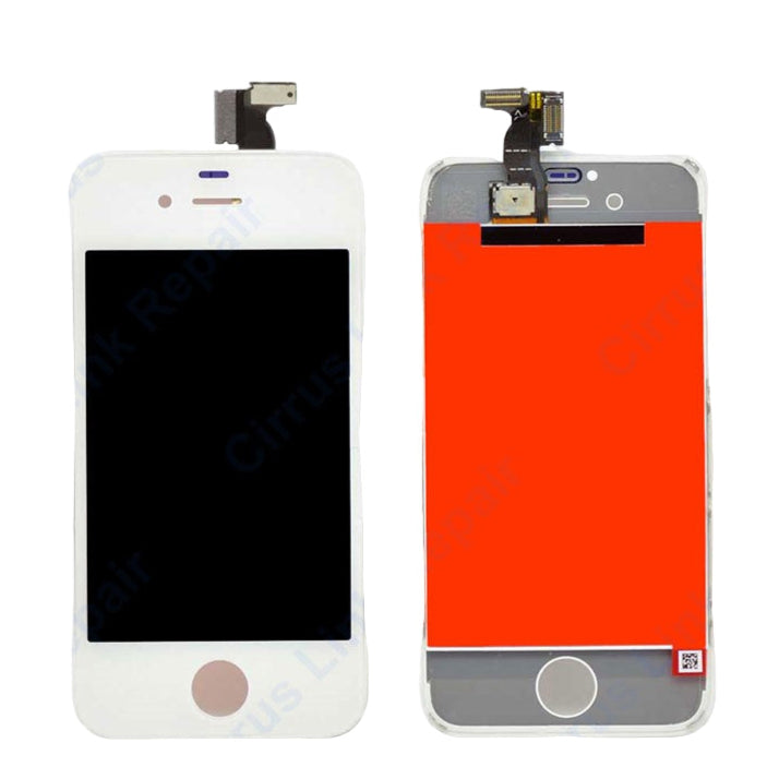 Two Cirrus-link Screen Replacement - iPhone 4S LCD Screen & Digitizer Assembly units are shown side by side: one displays the black front, while the other reveals the red panel with connectors for an iPhone 4S screen replacement.