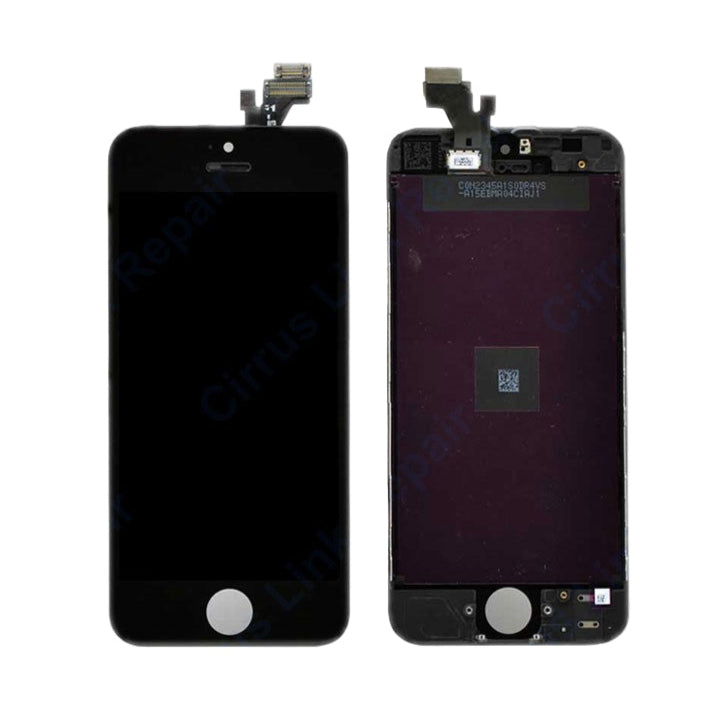 Front and back views of the Cirrus-link Screen Replacement – iPhone 5 LCD Screen & Digitizer Assembly show the black glass front and internal connectors on the rear.
