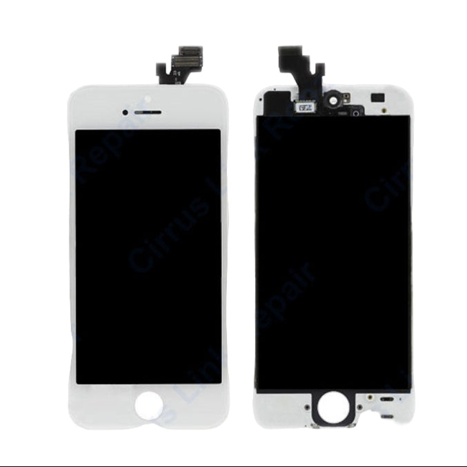 Two Cirrus-link Screen Replacement - iPhone 5 LCD Screen & Digitizer Assembly units are shown: one fully assembled with components, and one without, both featuring front camera and home button openings.