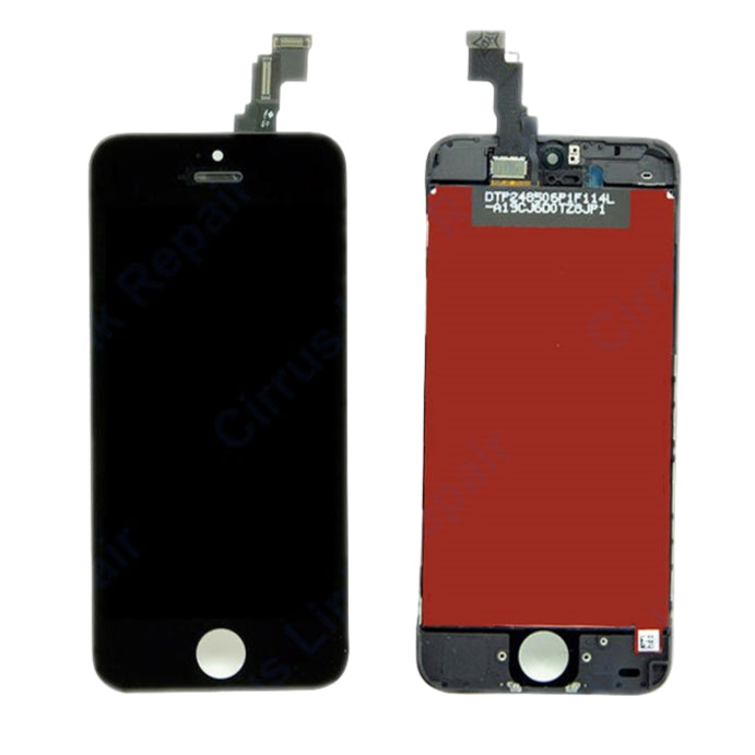 The Cirrus-link Screen Replacement - iPhone 5C LCD Screen & Digitizer Assembly is shown: the front view highlights the black display, while the back view reveals internal connectors and components.