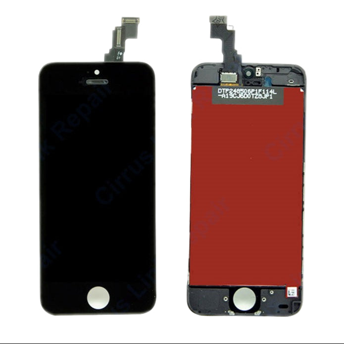 Front and back views of the Cirrus-link Screen Replacement - iPhone 5C LCD Screen & Digitizer Assembly: the front displays a black screen, while the back shows connectors and a red panel.