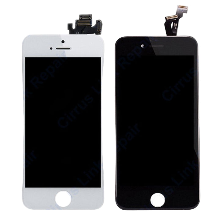 Two Cirrus-link Screen Replacement - iPhone 5S LCD Screen & Digitizer Assemblies, one white and one black, are displayed side by side, each with connectors at the top for easy installation on your iPhone 5S.