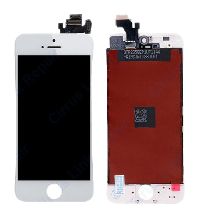 The Cirrus-link Screen Replacement - iPhone 5S LCD Screen & Digitizer Assembly is shown: one front view with a black display, the other rear view with connectors and red backing—ideal for your iPhone 5S screen repair.