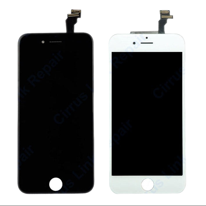 Two Cirrus-link Screen Replacement - iPhone 6 LCD Screen & Digitizer Assembly units, one black and one white, are shown with home buttons and connector flex cables—ideal for quick iPhone 6 LCD or digitizer assembly repairs.