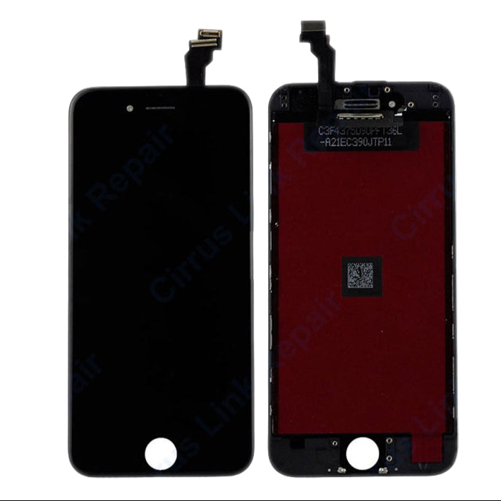 Front and back view of the Cirrus-link Screen Replacement - iPhone 6 LCD Screen & Digitizer Assembly, featuring visible top connectors, ideal for replacing your iPhone 6 screen.