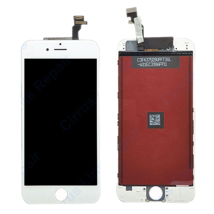 Front and back view of the Cirrus-link Screen Replacement - iPhone 6 LCD Screen & Digitizer Assembly, showing attached flex cables and home button.