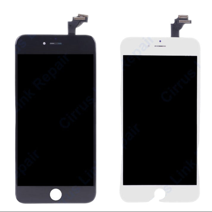 Two Cirrus-link Screen Replacement - iPhone 6 Plus LCD Screen & Digitizer Assemblies are shown side by side. One has a black frame, the other a white frame—ideal for iPhone 6 Plus LCD repairs.