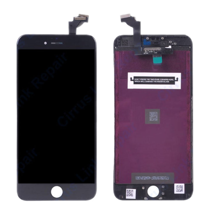Front and back views of the Cirrus-link Screen Replacement - iPhone 6 Plus LCD Screen & Digitizer Assembly, showing connectors and a caution label on the back.