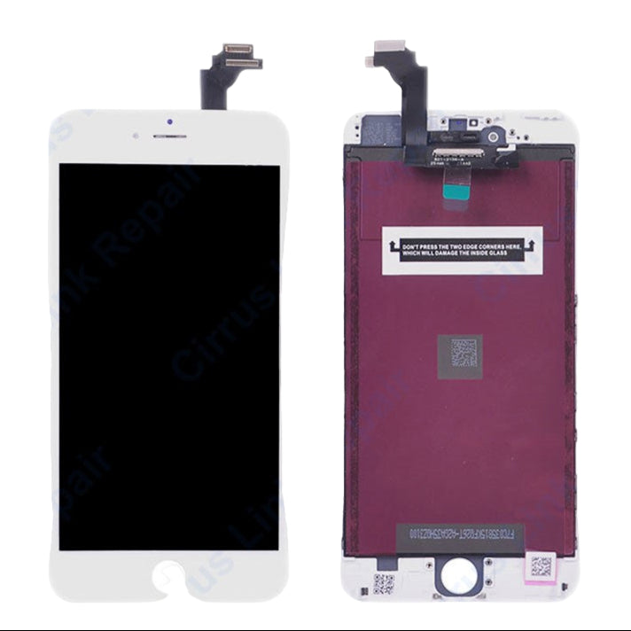 Front and back views of the Cirrus-link Screen Replacement - iPhone 6 Plus LCD Screen & Digitizer Assembly with flex cables are shown side by side on a white background.