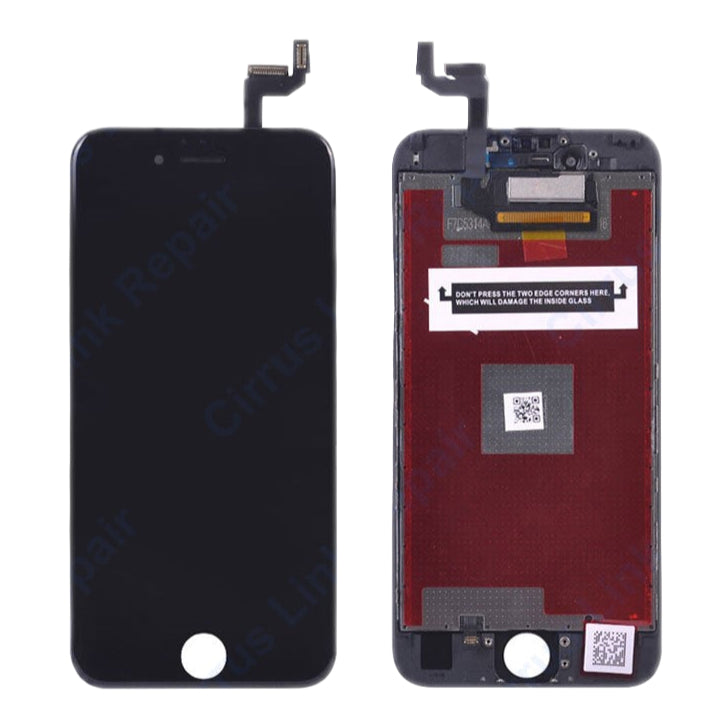 Front and back views of the Cirrus-link Screen Replacement - iPhone 6S LCD Screen & Digitizer Assembly, showing connectors and protective labels—perfect for your iPhone 6S screen repair.