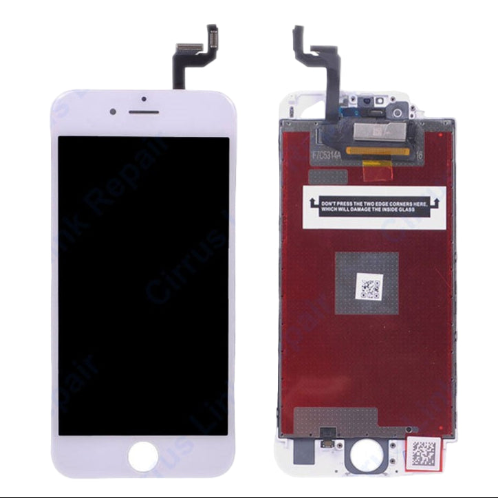 Front and back view of the Cirrus-link Screen Replacement – iPhone 6S LCD Screen & Digitizer Assembly, displaying the attached flex cables, display side, and internal components.
