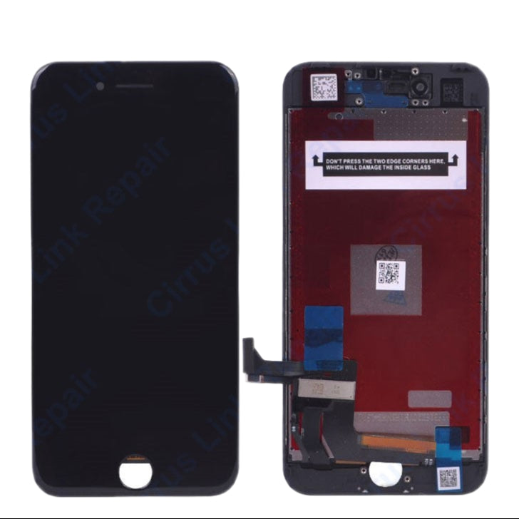 Two smartphone screens are shown: the left displays the front, and the right shows exposed connectors and internals, illustrating the Cirrus-link Screen Replacement - iPhone 7 LCD Screen & Digitizer Assembly.