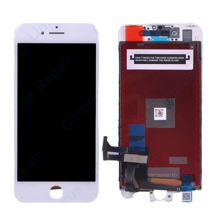 Front and back views of the Cirrus-link Screen Replacement - iPhone 7 LCD Screen & Digitizer Assembly display both the screen and internal connectors for an easy, seamless iPhone 7 repair.