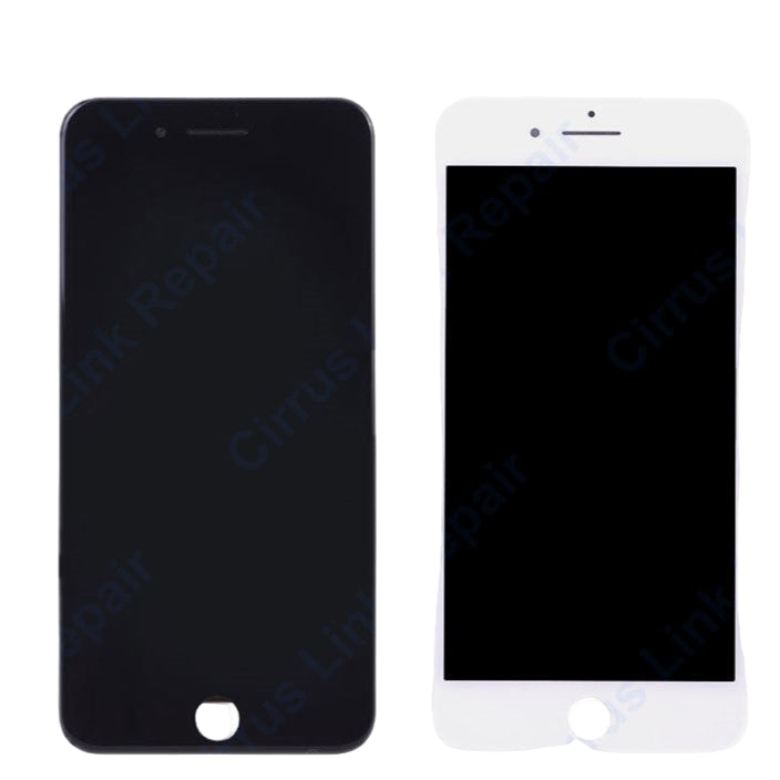 Two Cirrus-link Screen Replacement - iPhone 7 Plus LCD Screen & Digitizer Assemblies are shown: one with a black frame, the other with a white frame. Both have circular home button openings, ideal for iPhone 7 Plus LCD upgrades or repairs.