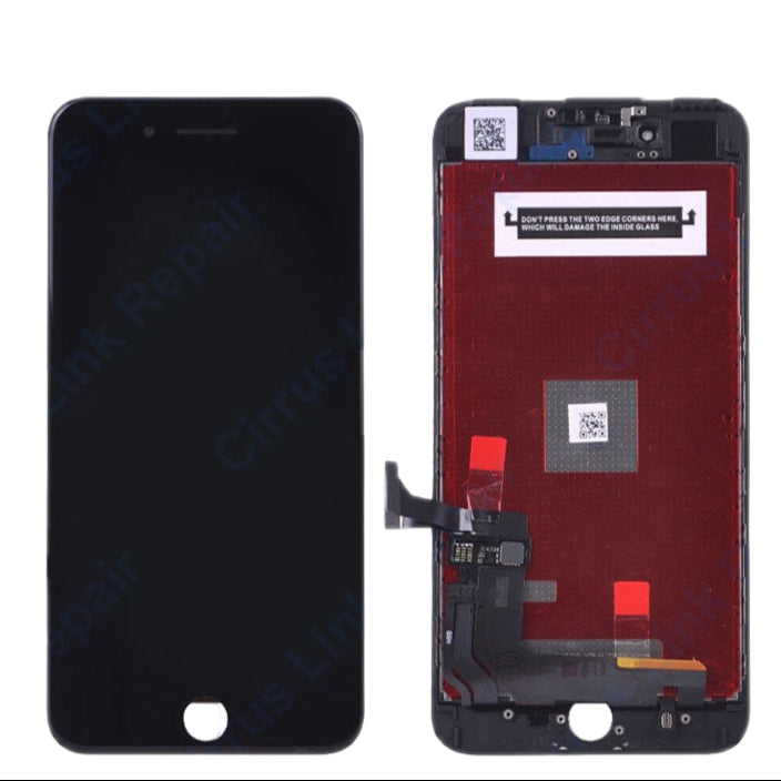 Front and back views of the Cirrus-link Screen Replacement - iPhone 7 Plus LCD Screen & Digitizer Assembly, displaying the LCD, connectors, and internal parts—perfect for replacing your iPhone 7 Plus screen.