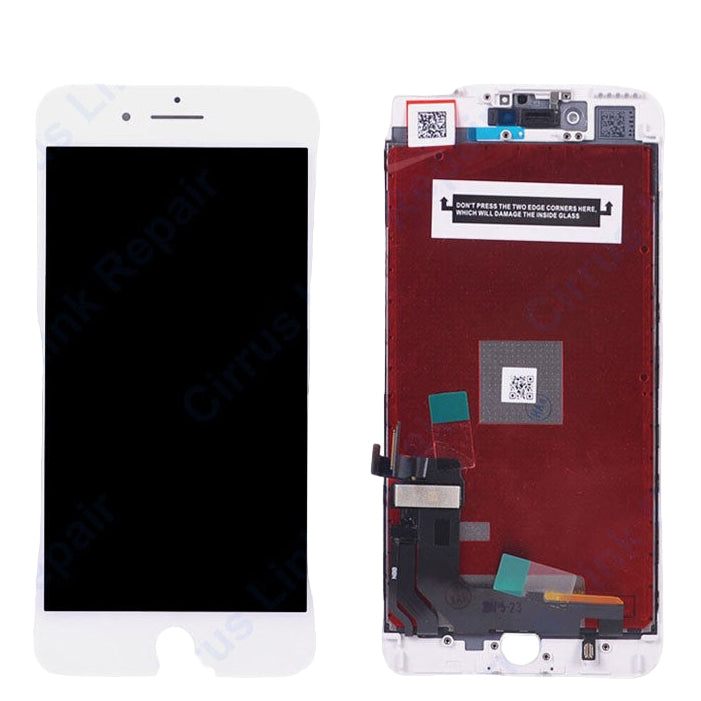 Two Cirrus-link Screen Replacement - iPhone 7 Plus LCD Screen & Digitizer Assembly parts are shown: one displays the front glass, the other reveals the back with connectors and internal components.
