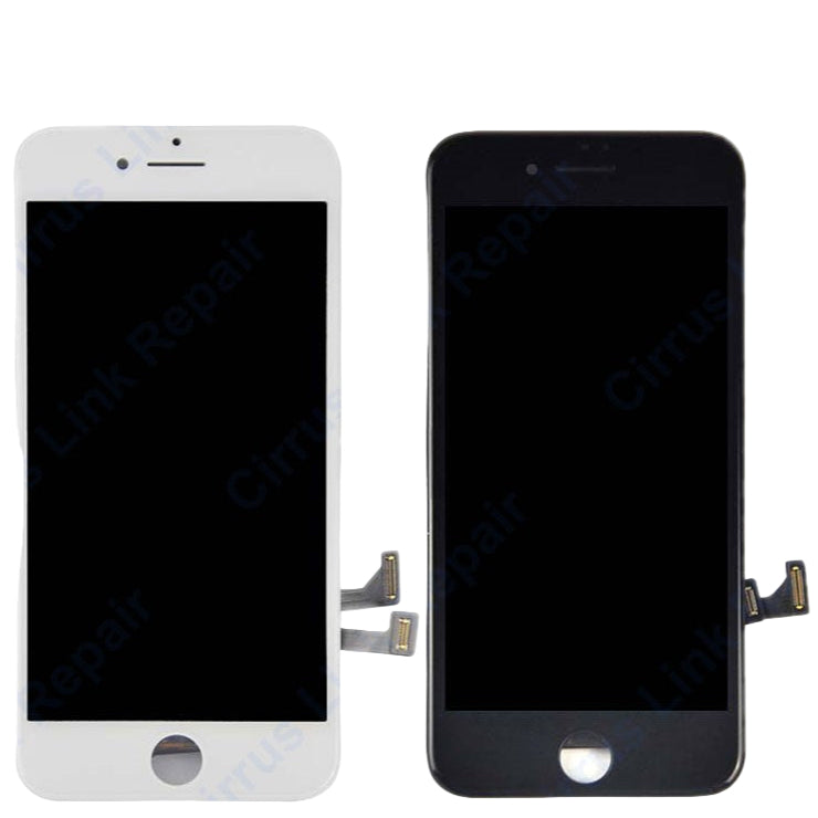 Two Cirrus-link Screen Replacement - iPhone 8 LCD Screen & Digitizer Assemblies, one in white and one in black, are displayed side by side. Each includes the front panel, home button, and attached flex cables.