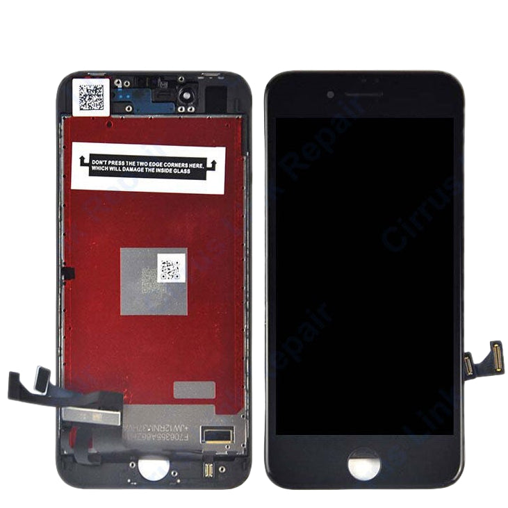 Front and back views of the Cirrus-link Screen Replacement - iPhone 8 LCD Screen & Digitizer Assembly, highlighting connectors and internal components on the rear side.