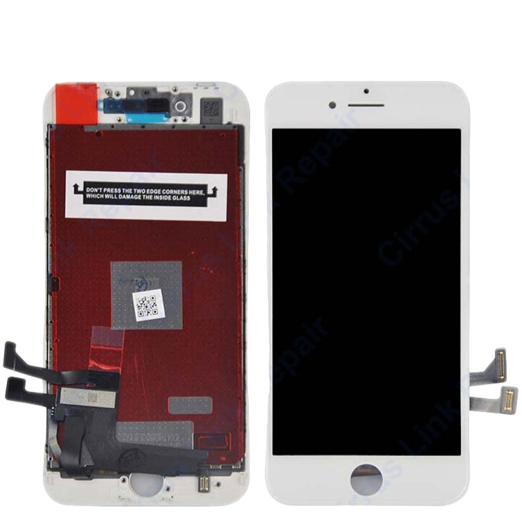Two Cirrus-link Screen Replacement - iPhone 8 LCD Screen & Digitizer Assembly units are shown: one with visible components and connectors, and one fully assembled—perfect for iPhone 8 screen or digitizer replacement.