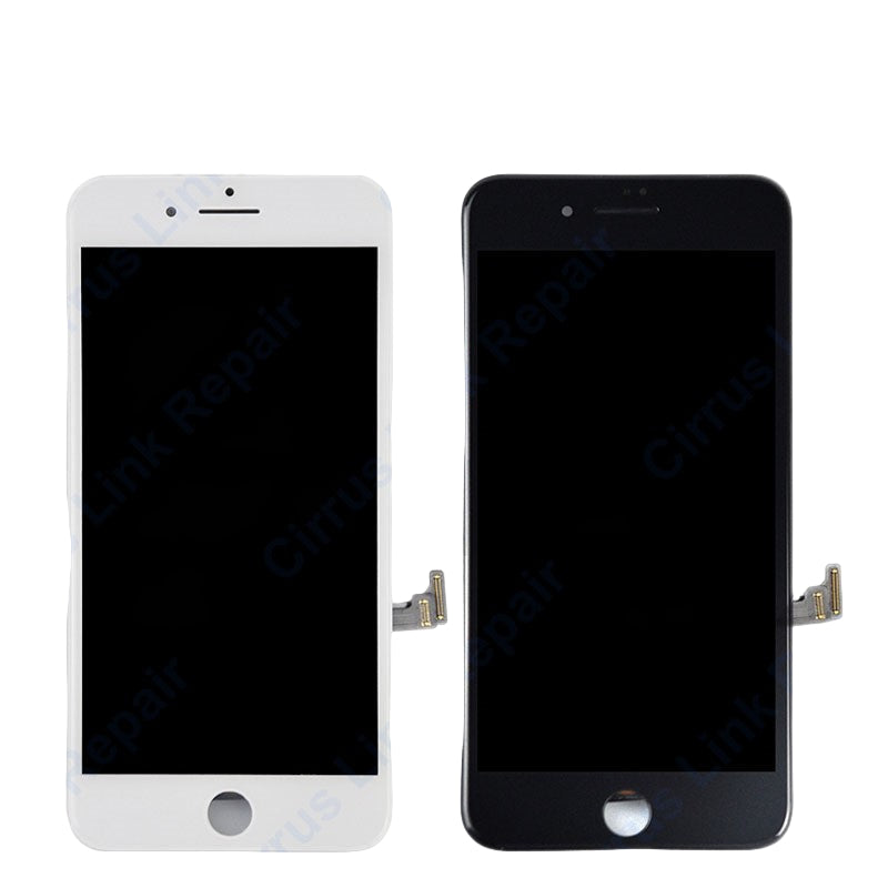 Two Cirrus-link Screen Replacement - iPhone 8 Plus LCD Screen & Digitizer Assembly units, white and black, are shown with connectors visible, highlighting complete assemblies for easy installation.