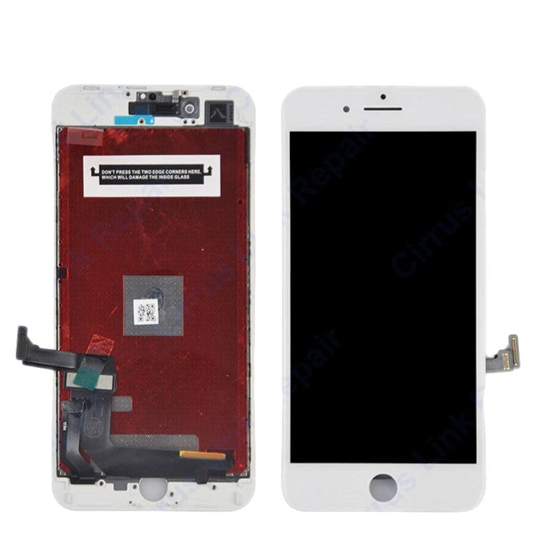 Front and back views of the Cirrus-link Screen Replacement - iPhone 8 Plus LCD Screen & Digitizer Assembly, showing internal components, connectors, and the full display unit.