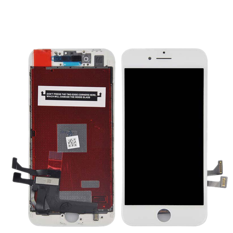 Two white Cirrus-link Screen Replacement - iPhone SE (2nd Gen, 2020) LCD Screen & Digitizer Assemblies are shown side by side: one displays the front, the other shows flex cables and internal parts for easy identification.