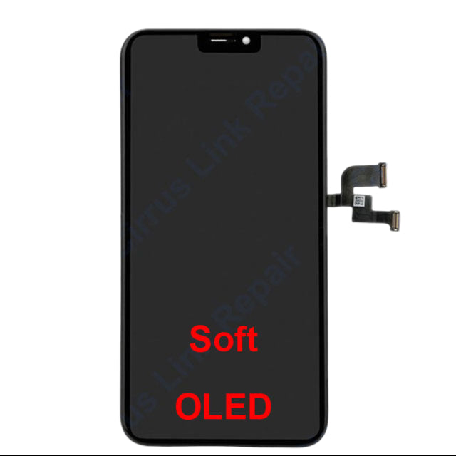 Front view of Cirrus-link Screen Replacement - iPhone X LCD Screen & Digitizer Assembly with side connectors, labeled "Soft OLED" in red—ideal for Apple iPhone X screen repairs.