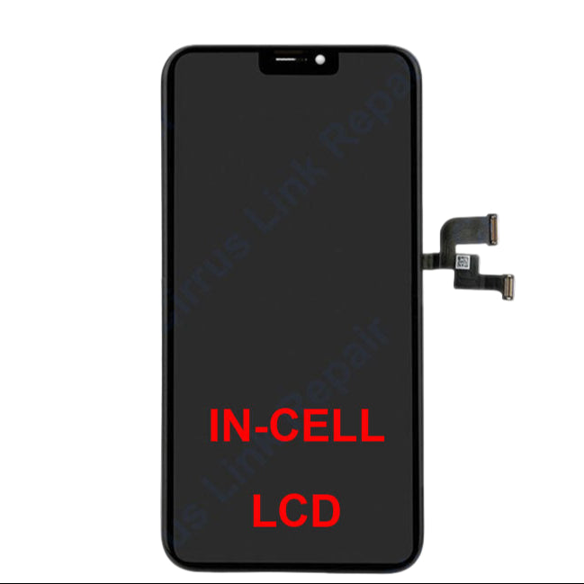 Front view of Cirrus-link Screen Replacement - iPhone X LCD Screen & Digitizer Assembly with flex cables, labeled "IN-CELL LCD" in red—perfect for Apple iPhone X screen repair and restoring display functionality.