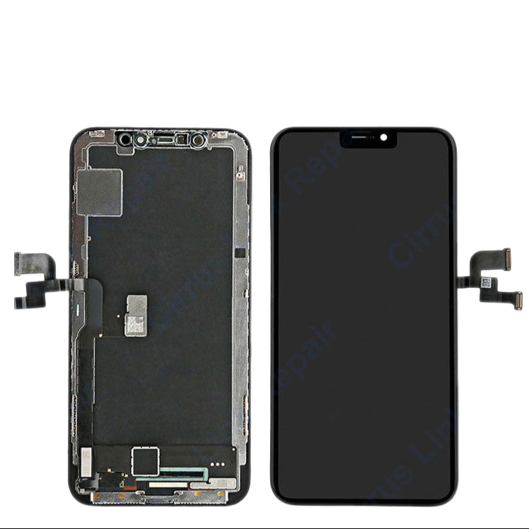 Front and back views of the Cirrus-link Screen Replacement - iPhone X LCD Screen & Digitizer Assembly, showing internal connectors and components for Apple iPhone X screen repair.
