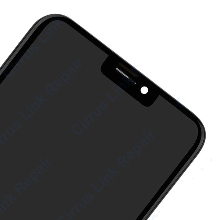 Close-up of the top portion of a black Cirrus-link Screen Replacement - iPhone X LCD Screen & Digitizer Assembly, ideal for showcasing iPhone X screen repair or replacement services.