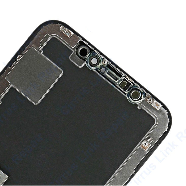 Close-up of Cirrus-link Screen Replacement – iPhone X LCD Screen & Digitizer Assembly, showing internal display components—perfect for Apple iPhone X screen repair or replacement.