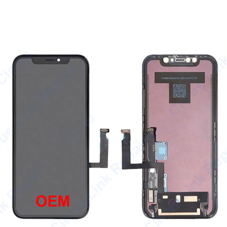 Front and back view of the Cirrus-link Screen replacement for Apple iPhone XR LCD & Digitizer Assembly, showcasing the screen and internal connectors—ideal for iPhone XR repair or screen replacement.