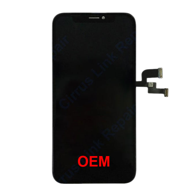 Cirrus-link Screen Replacement - iPhone XS LCD Screen & Digitizer Assembly in black with attached flex cables shown on a white background; "OEM" is marked in red at the bottom of the display.