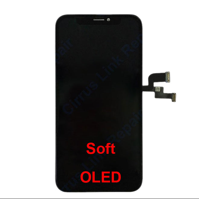 The Cirrus-link Screen Replacement - iPhone XS LCD Screen & Digitizer Assembly features attached flex cables and a vibrant display, labeled "Soft OLED" in red at the bottom, as an ideal part for vivid iPhone XS screen repairs.