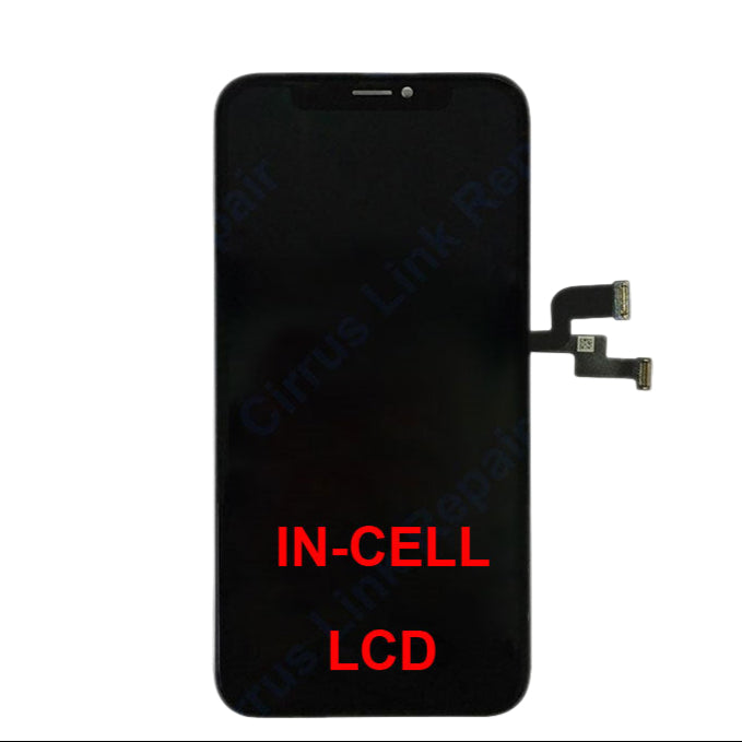 The Cirrus-link Screen Replacement - iPhone XS LCD Screen & Digitizer Assembly features two visible connector ribbons and "IN-CELL LCD" in red, making it ideal for replacing your iPhone XS screen or OLED digitizer assembly.