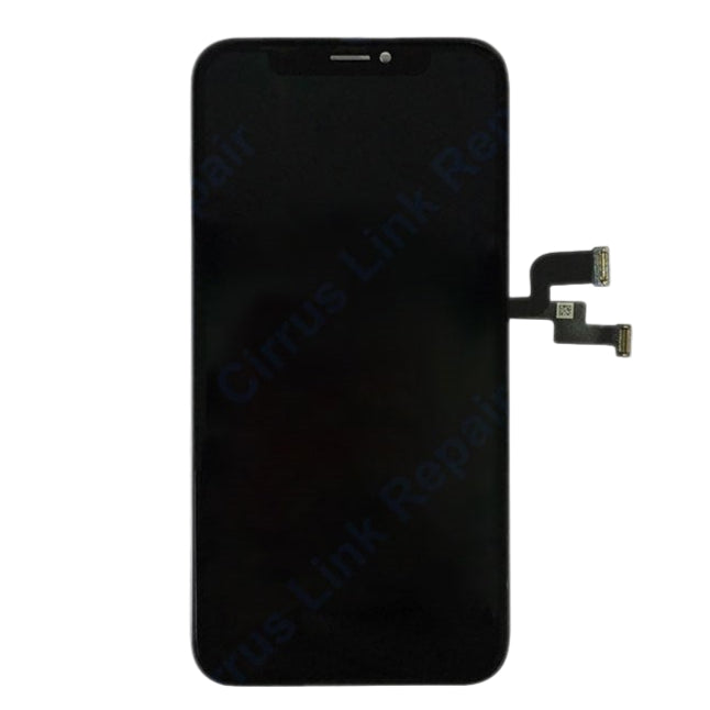 A Cirrus-link Screen Replacement for iPhone XS (LCD Screen & Digitizer Assembly) in black, featuring connector flex cables on the right, is displayed against a plain white background.