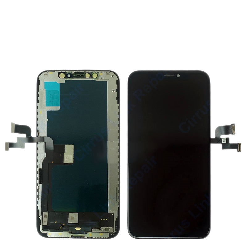 Front and back view of the Cirrus-link Screen Replacement - iPhone XS LCD Screen & Digitizer Assembly with flex cables, side by side on a white background.