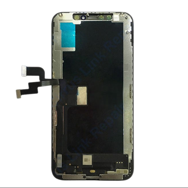 The Cirrus-link Screen Replacement for iPhone XS shows the LCD screen & digitizer assembly with visible internal parts and connectors, viewed from the rear side on a white background.